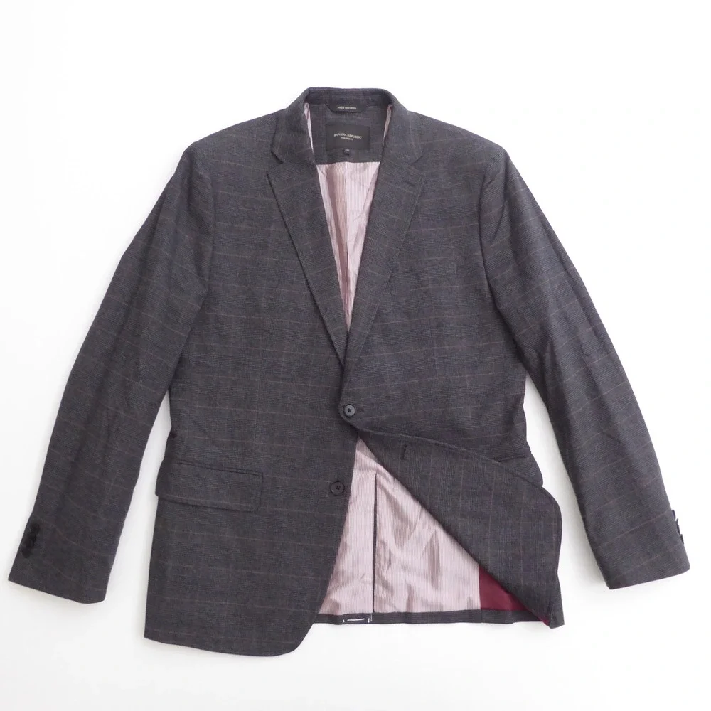 Banana Republic Mens Blazer Coat Charcoal Gray Plaid Tailored Fit 42R